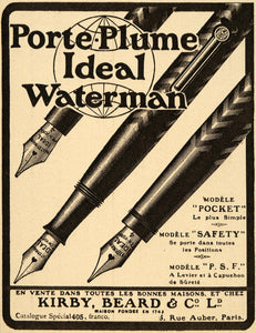 1920 Ad French Pen Waterman Porte Plume Kirby Beard Ink - ORIGINAL ILL3