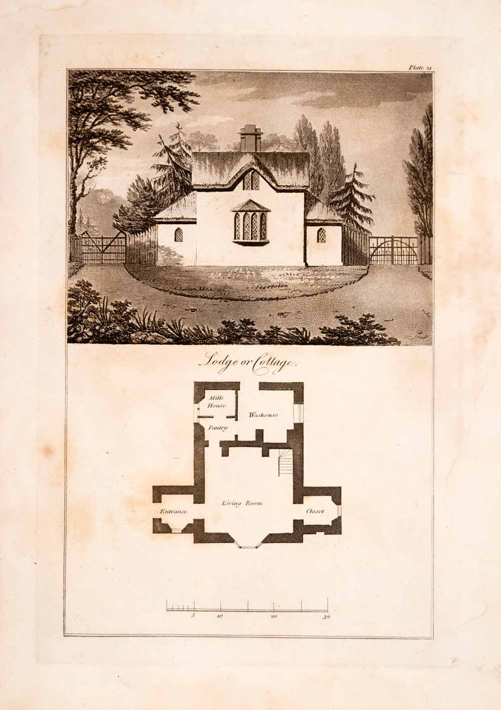1823 Aquatint Engraving John Plaw Villa Lodge Cottage Thatched Roof Ferme JPA1