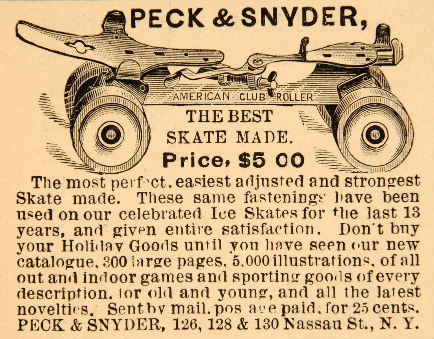 1885 Ad Peck Snyder Roller Skate Club Sporting Goods NY - ORIGINAL LF2