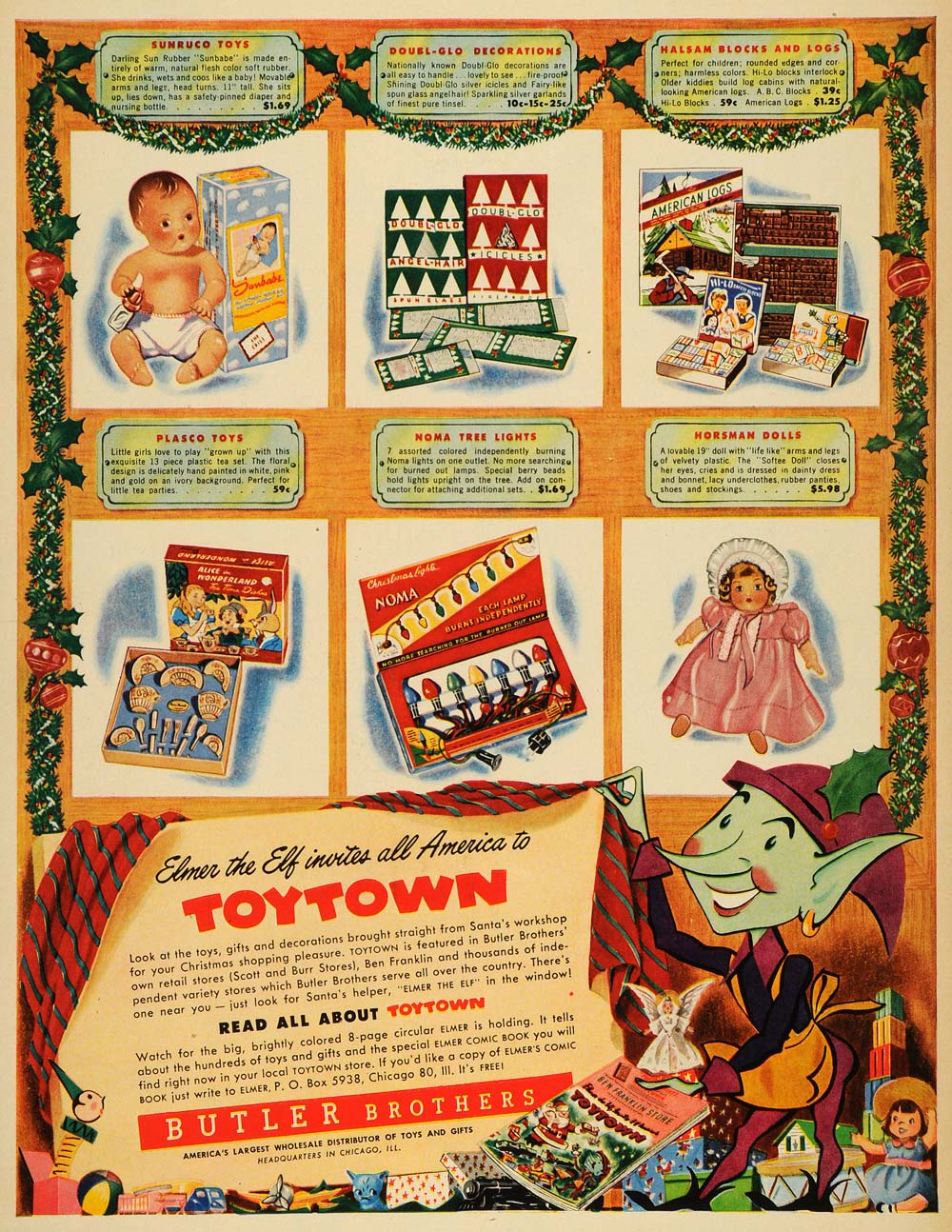 1949 Ad Elmer Elf Toytown Butler Brothers Plasco Sunruco Toys Doubl-Glo LF3