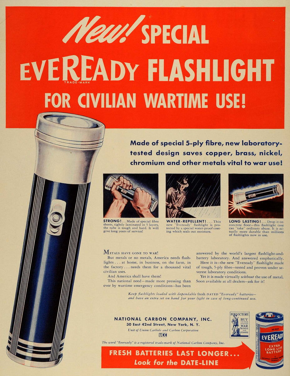 1942 Ad Eveready Flashlight Civilian World War II Battery Carbide