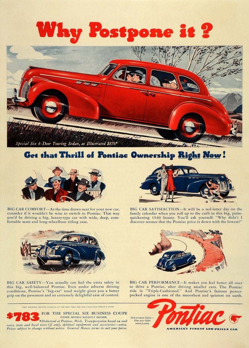 1940 Ad Pontiac General Motors Division Red Six 4 Door Touring