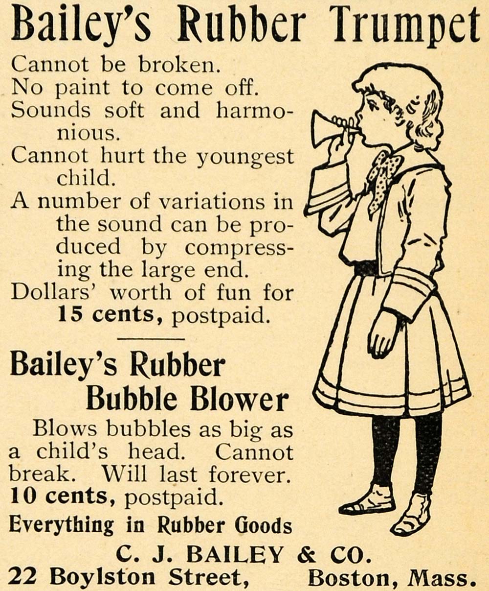1895 Ad Bailey's Rubber Bubble Blower Trumpet Children - ORIGINAL LHJ3