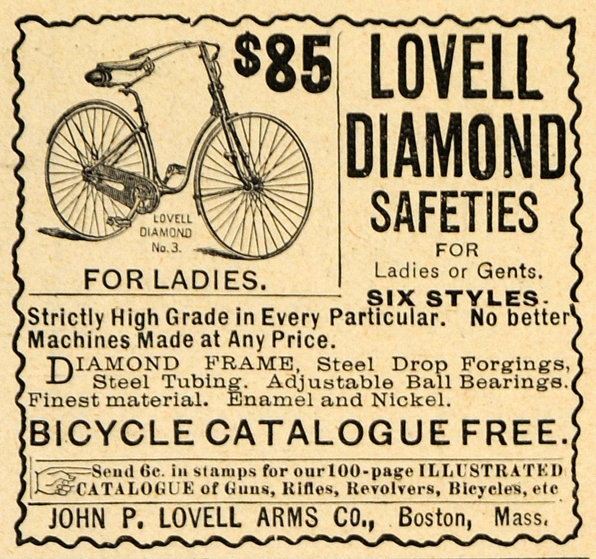 1892 Ad John P Lovell Arms Co. Diamond Bicycle Boston ORIGINAL LHJ4