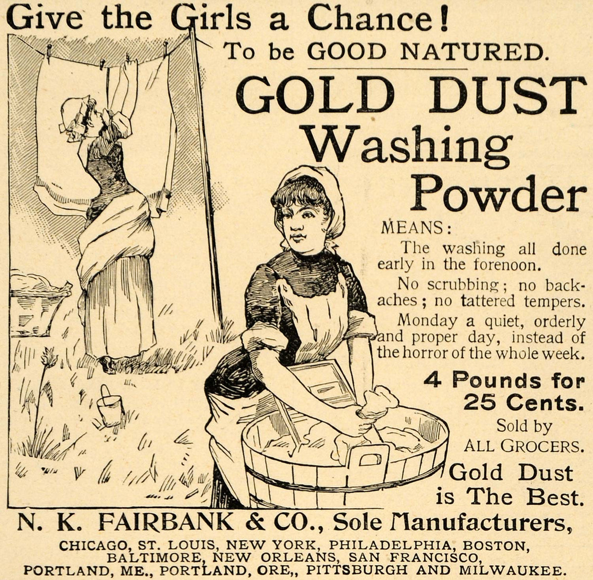 1892 Ad N K Fairbank Gold Washing Powder Washerwoman - ORIGINAL