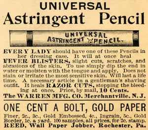1893 Ad Warren Manufacturing Co. Astringent Pencil - ORIGINAL ADVERTISING LHJ4