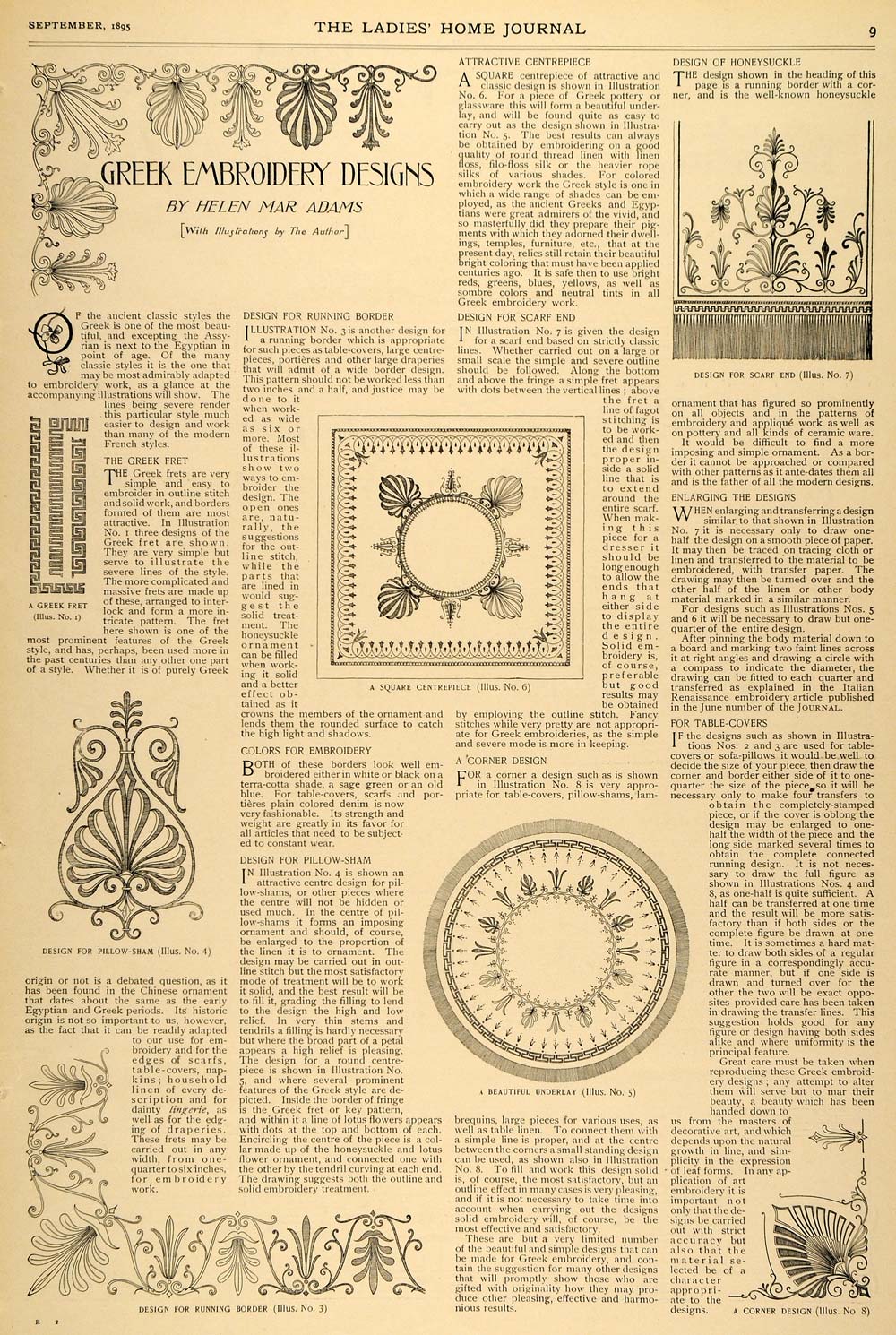 1895 Article Greek Embroidery Designs Helen Mar Adams Doily Rug Decoration LHJ5