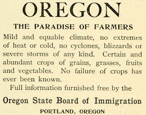 1893 Ad Portland Oregon Chamber Commerce Agriculture Climate Farmer's LHJ6