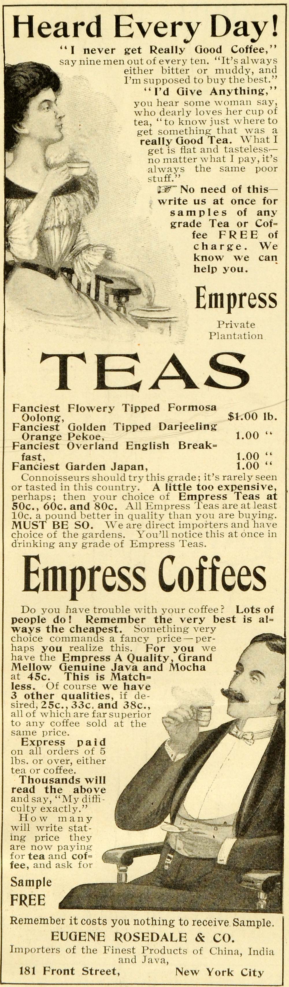 1899 Ad Eugene Rosedale Empress Teas Coffees Oolong Darjeeling Java New LHJ6