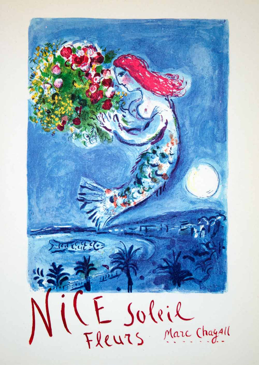 1966 Lithograph Marc Chagall Mermaid Nude Flowers Poster Art Nice