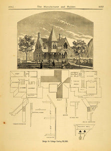 1874 Print Victorian Cottage Architecture Design Floor Plan Sketch House MAB1