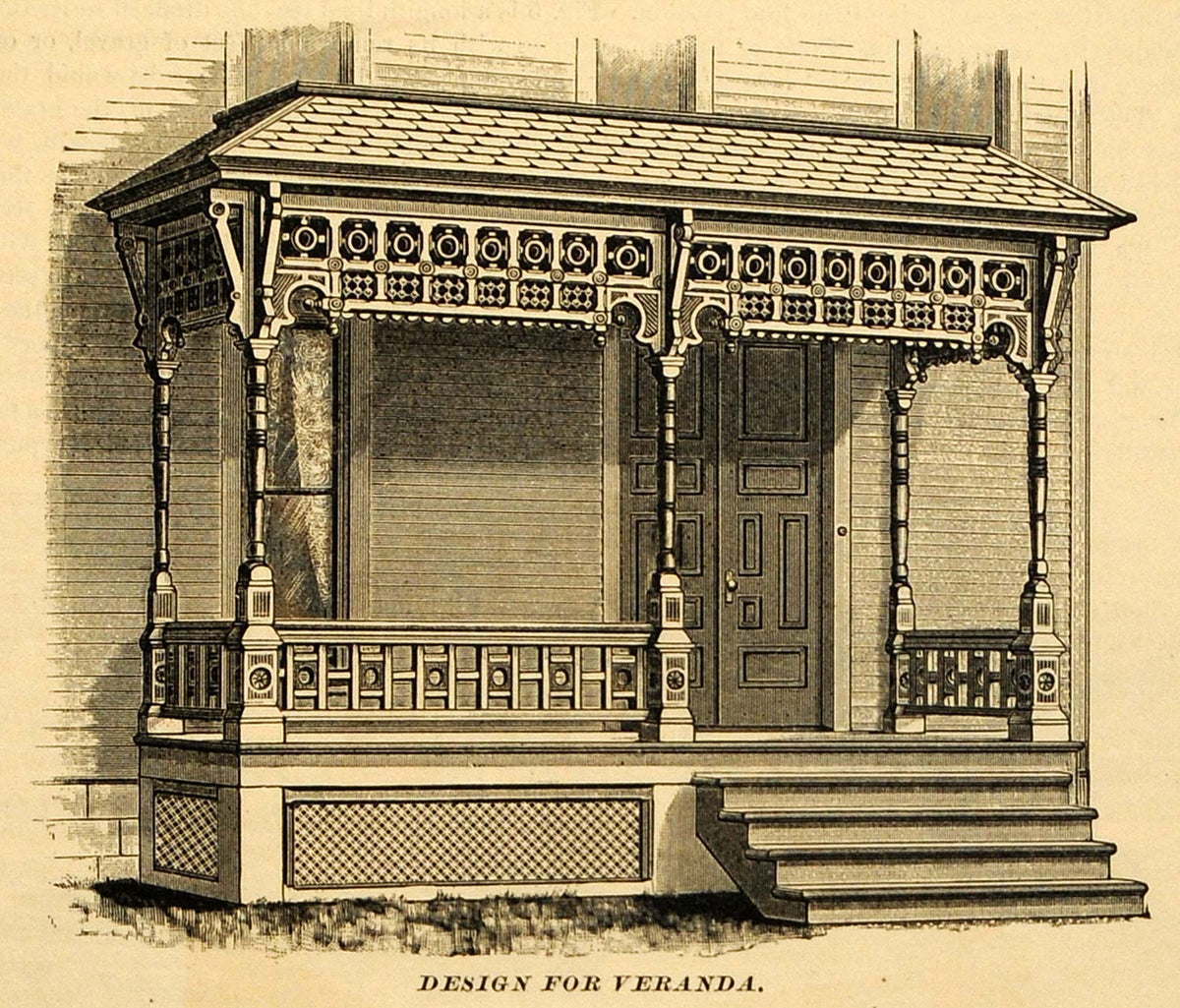 1890 Print Victorian Cottage Home Veranda Porch Entryway Architecture ...