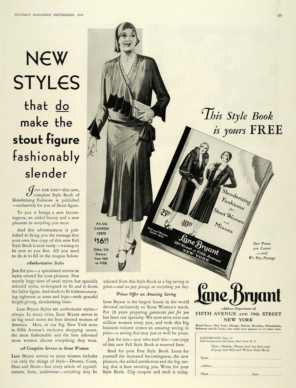 1930 Ad Lane Bryant Store Stout Women Fashion Clothing - ORIGINAL MCC4