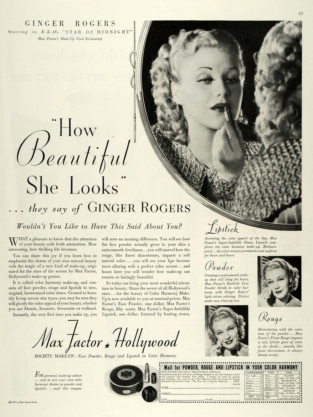 1935 Ad Max Factor Hollywood Makeup Ginger Rogers Star - ORIGINAL MCC4