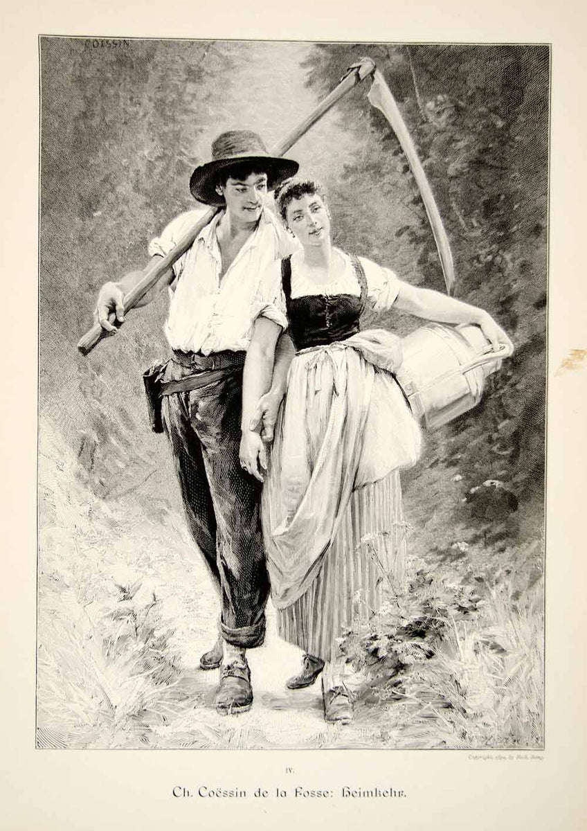 1893 Wood Engraving Workers Couple Romance Scythe Milkmaid In Love