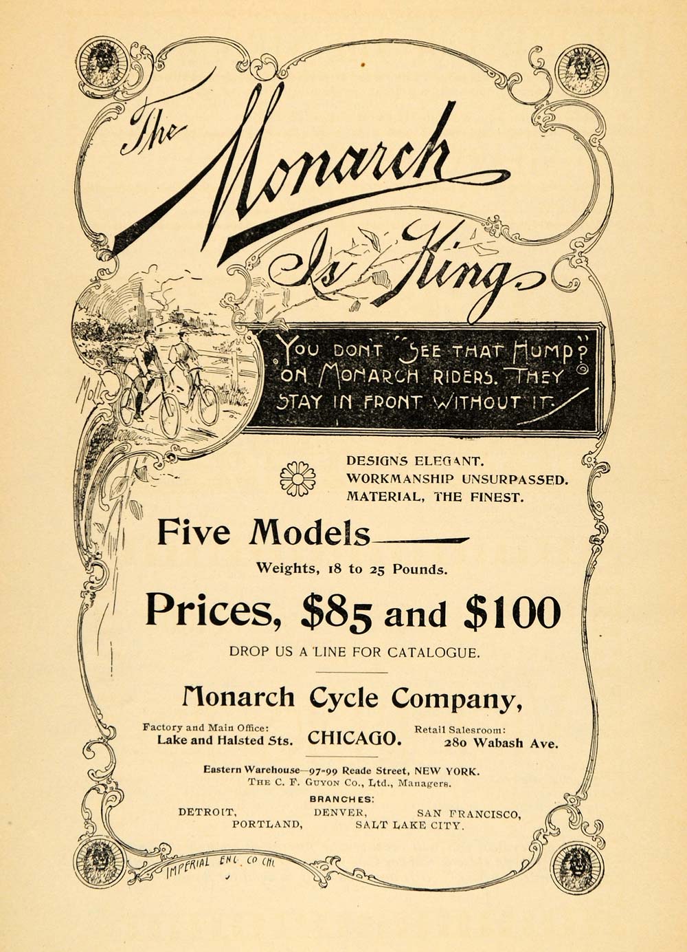 1895 Ad Monarch Cycle Company King Bicycles Riders Hump - ORIGINAL MUN1
