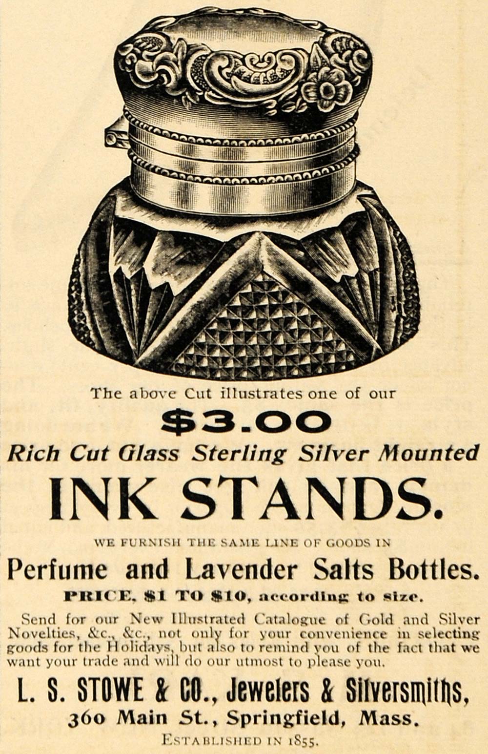 1895 Ad L S Stowe Company Jeweler Silversmith Ink Stand - ORIGINAL MUN1