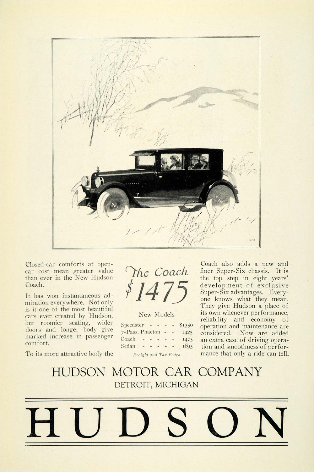 1924 Ad Antique Enclosed Hudson Coach Automobile Super Six Chassis Car NGM2