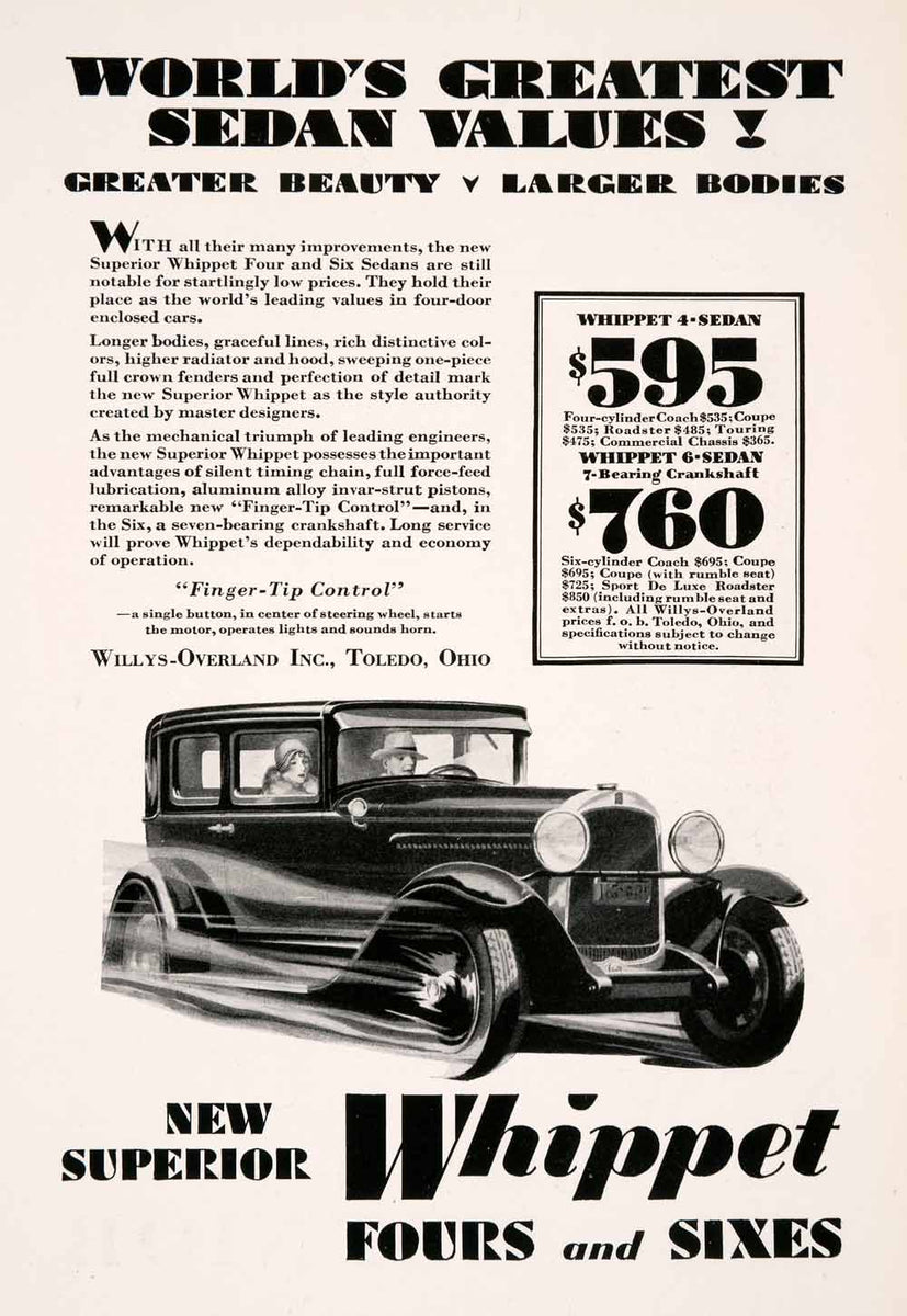 1929 Ad Antique Whippet V4 V6 Enclosed Automobile Sedan Car Willys