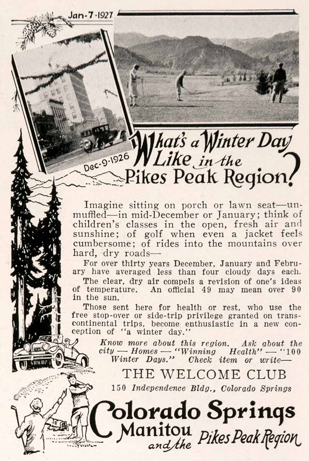 1927 Ad Colorado Springs Manitou Pikes Peak Travel Tourism Winter Vacation NGM3