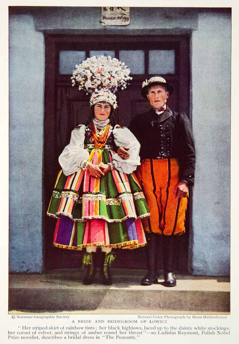 1933 Color Print Lowicz Poland Wedding Traditional Dress Bridge Groom