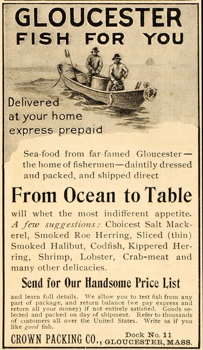 1904 Ad Gloucester Fish Seafood Ocean Crown Packing ORIGINAL ADVERTI