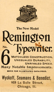 1895 Ad Remington Typewriter Wyckoff Seamans Benedict - ORIGINAL ADVERTISING OD2