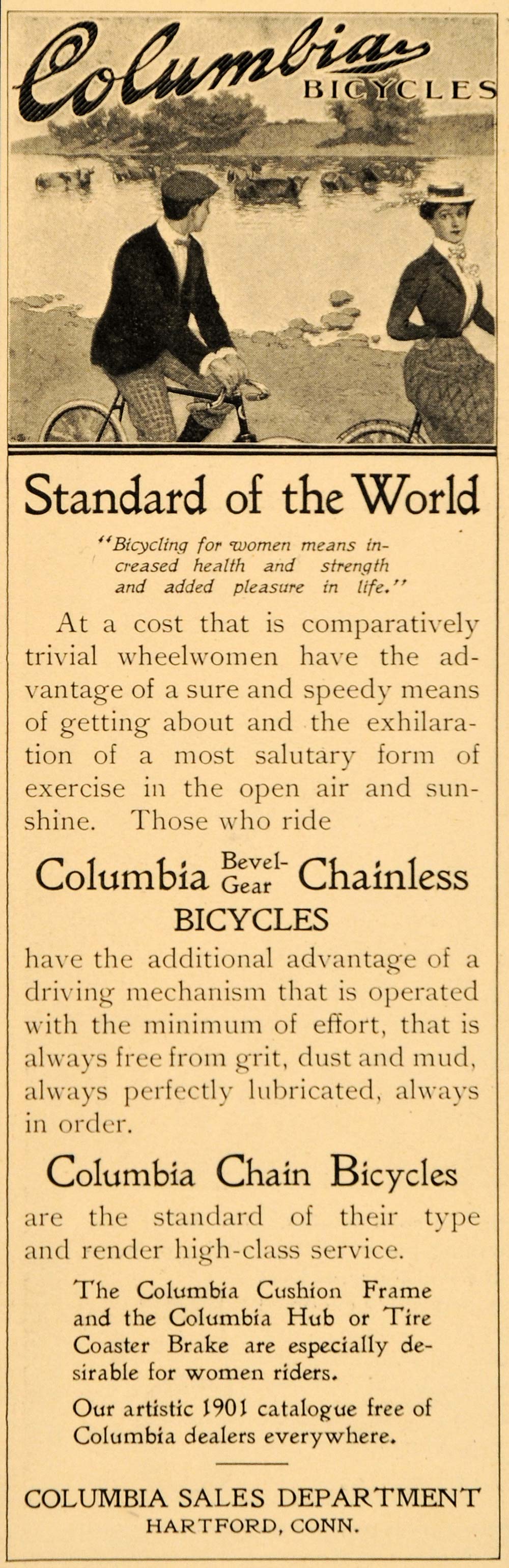 1901 Ad Columbia Bicycles Bevel Gear Chainless Hartford - ORIGINAL OD3
