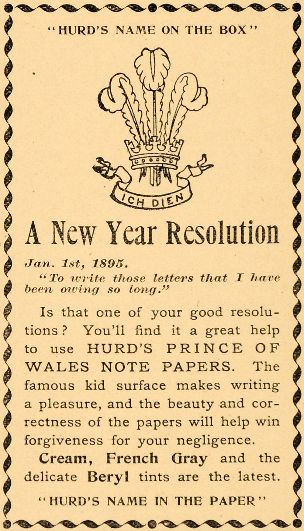 1895 Ad Hurds Prince Wales Note Paper New Year Ich Dien - ORIGINAL OD3