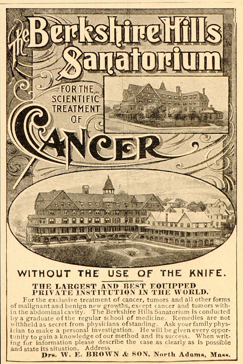 1899 Ad Berkshire Hills Sanitarium Cancer Treatment - ORIGINAL ADVERTISING OLD1A