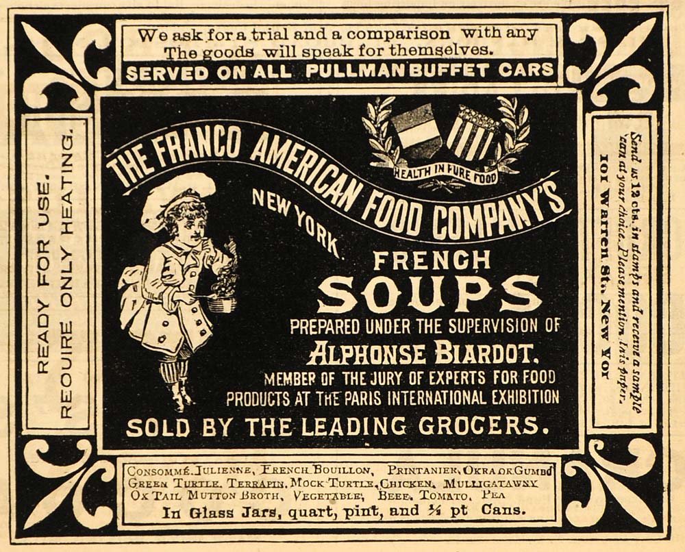 1888 Vintage Ad Franco American French Soups Biardot - ORIGINAL OLD3A