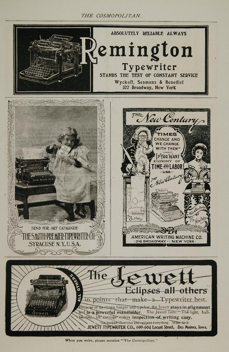 1899 Vintage Print Ad Typewriters Remington Jewett NICE ORIGINAL OLD Period Paper Historic