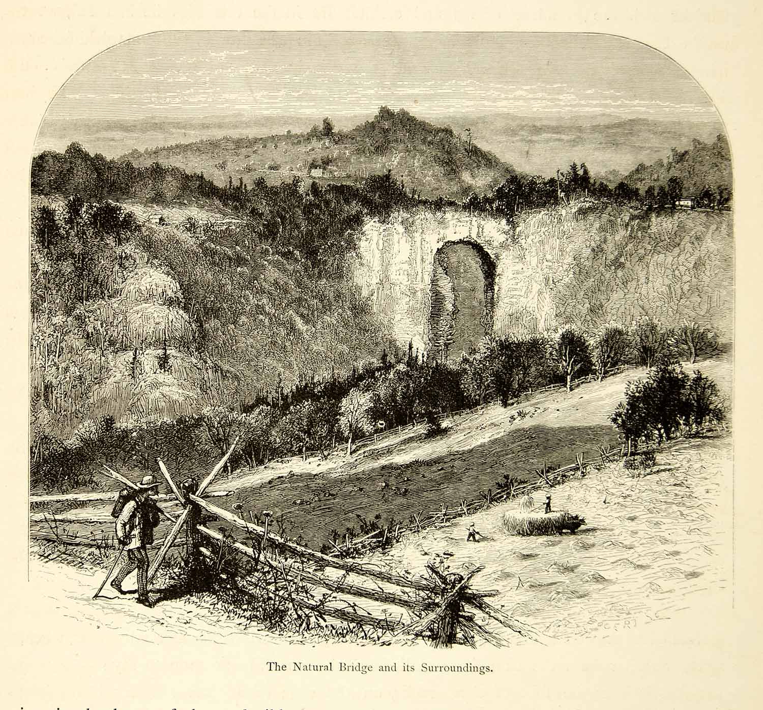 1872 Wood Engraving Natural Bridge Cedar Creek Virginia Geological Formation PA2