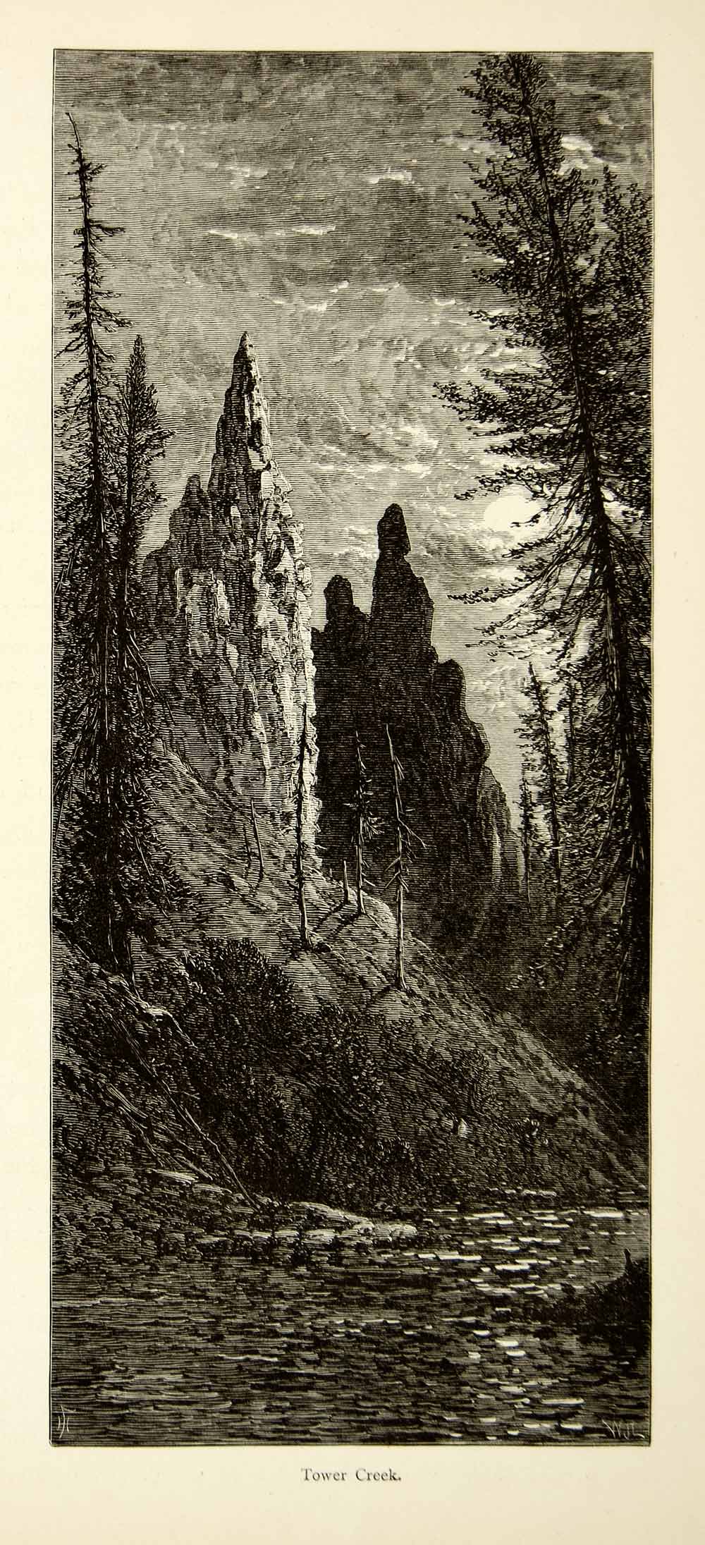 1872 Wood Engraving Tower Creek Yellowstone National Park Moonlight Harry PA2