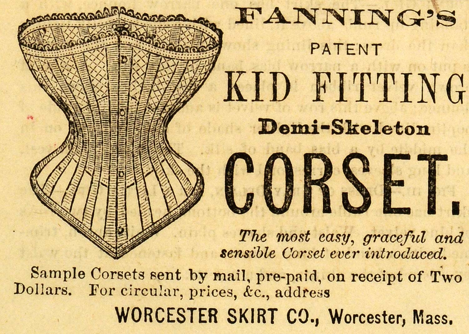 1871 Ad Fannings Patent Kid Fitting Demi-Skeleton Corset Worcester Skirt PEM1