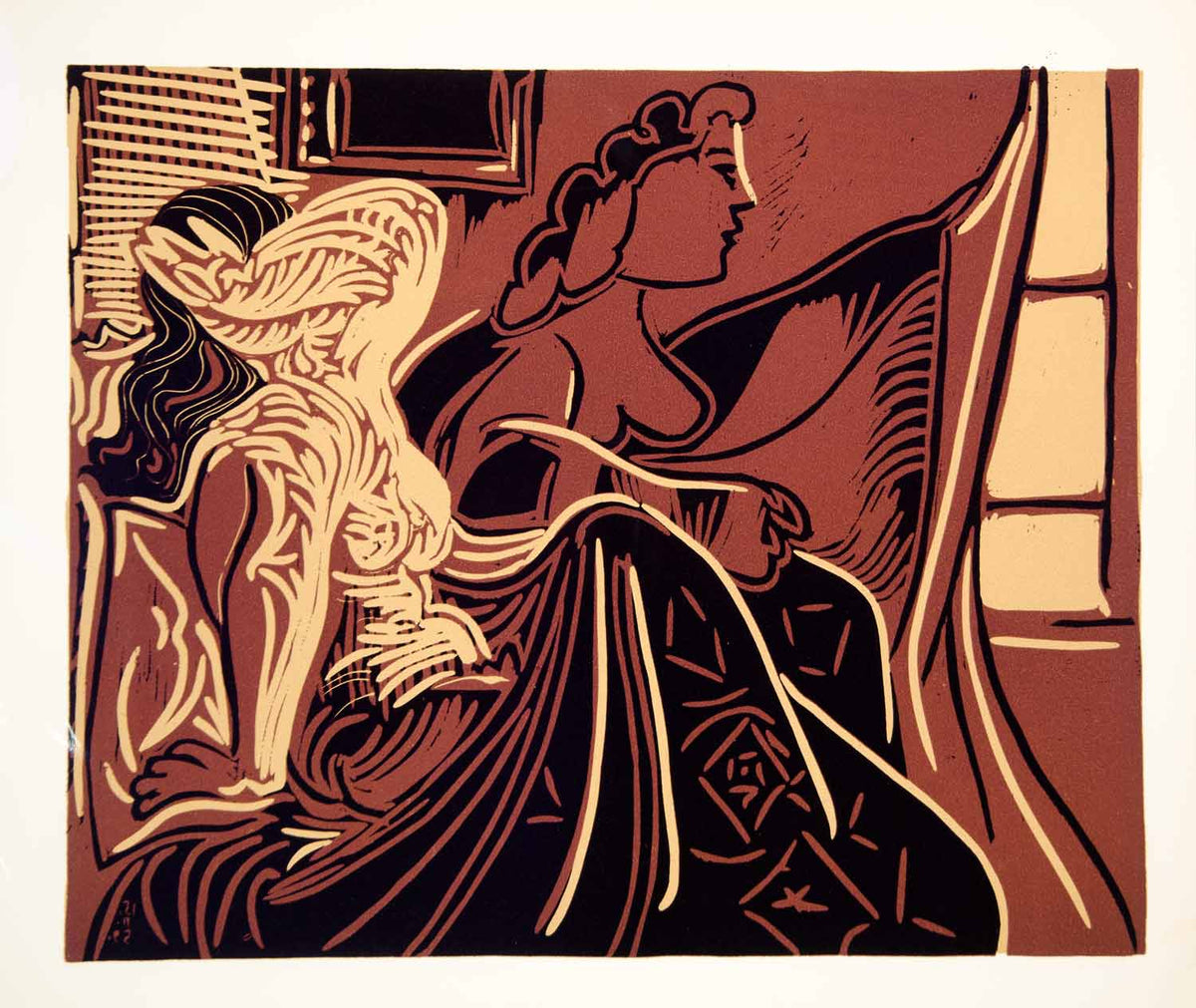 1963 Lithograph Picasso Nude Art Female Two Women Window Linocut