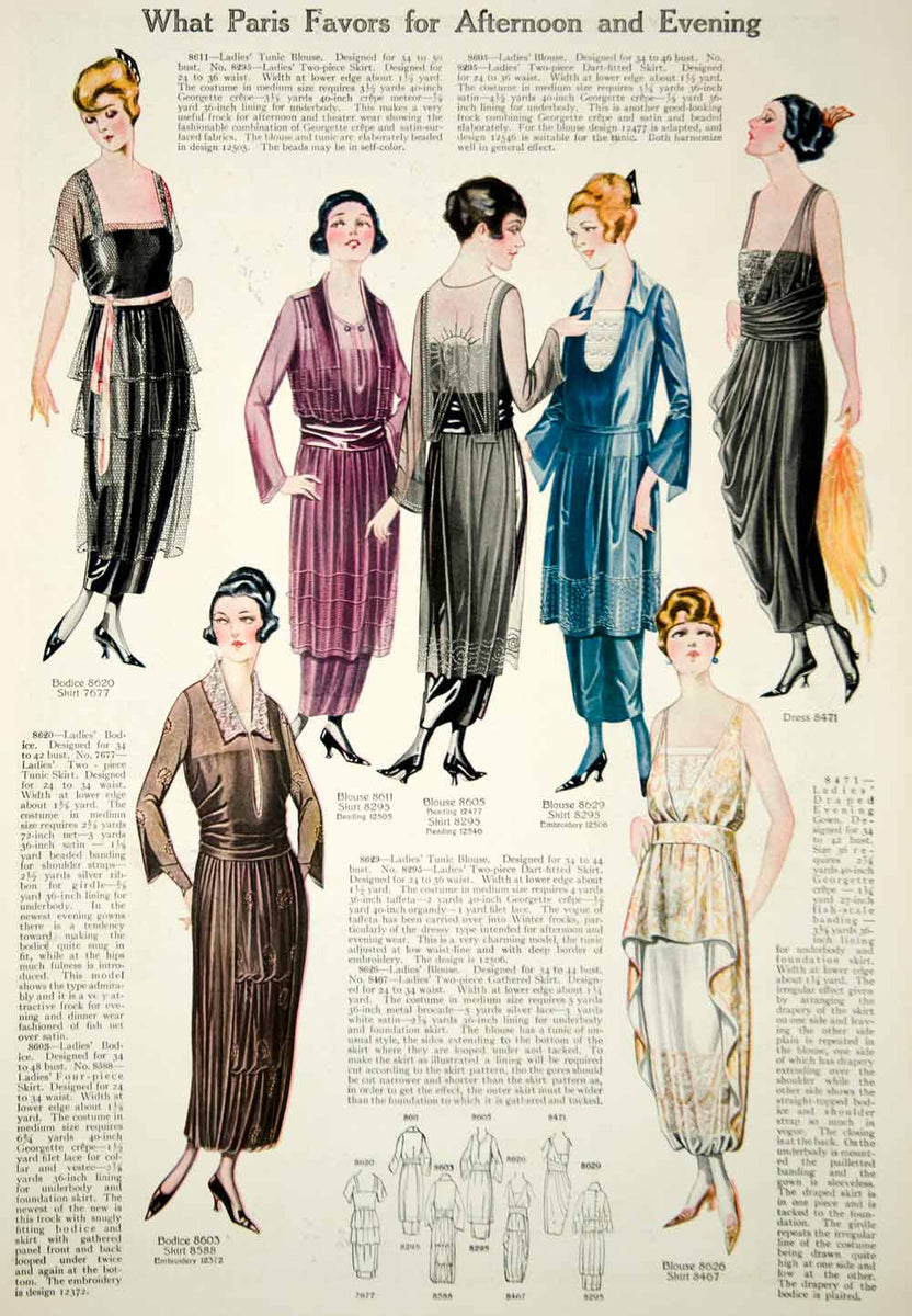 1919 Color Print Fashion Illustrations Flapper Era Women Evening Dress –  Period Paper Historic Art LLC