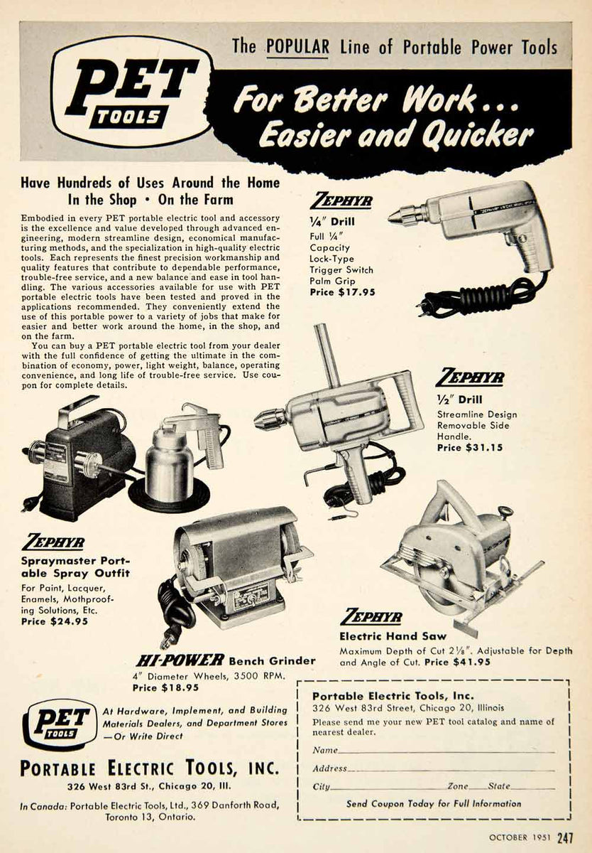 1951 Ad Portable Electric Tools Chicago Illinois Hand Saw Drill Spraye –  Period Paper Historic Art LLC, image size:834x1200