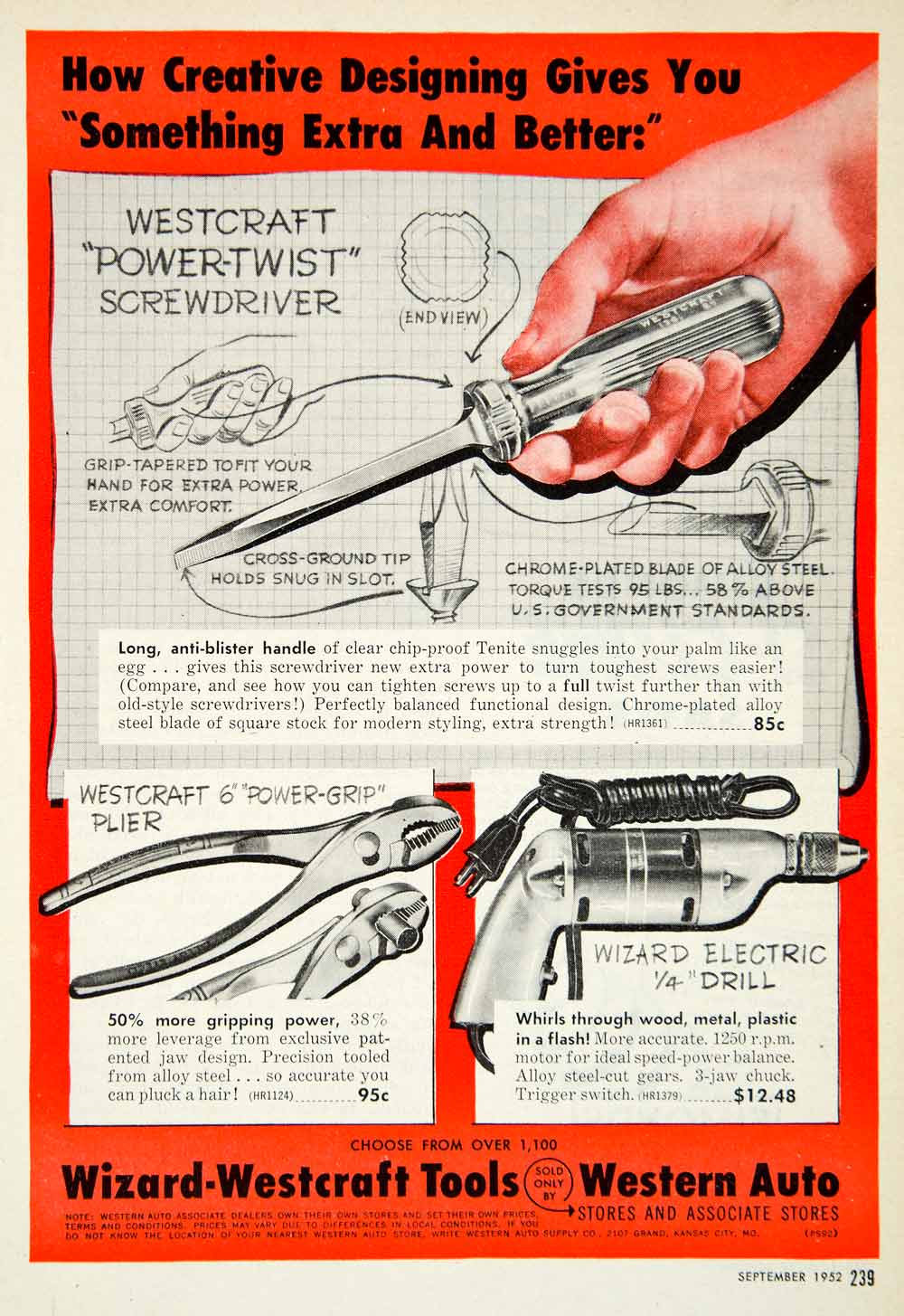 1952 Ad Westcraft Power-Twist Screwdriver Pliers Electric Drill Wizard PSC2