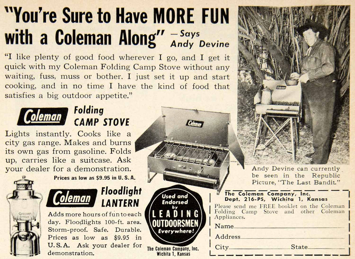 1949 Ad Coleman Grill Barbecue Camp Stove Lantern Andy Devine Wichita