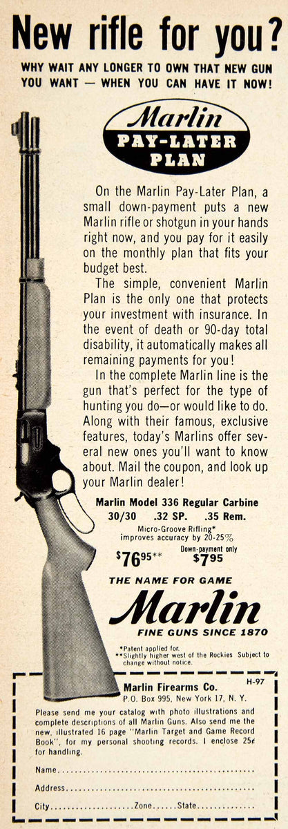 vintage an・an no.30 1957 Ad Marlin Model 336 .30/30 Carbine Rifle Gun Hunting