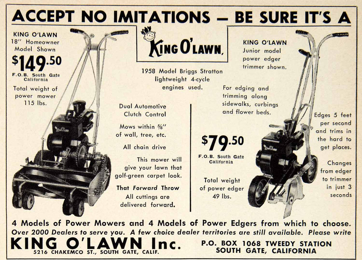 1958 Ad King O'Lawn Mower Edger Landscaping 5216 Chakemco St South Gat