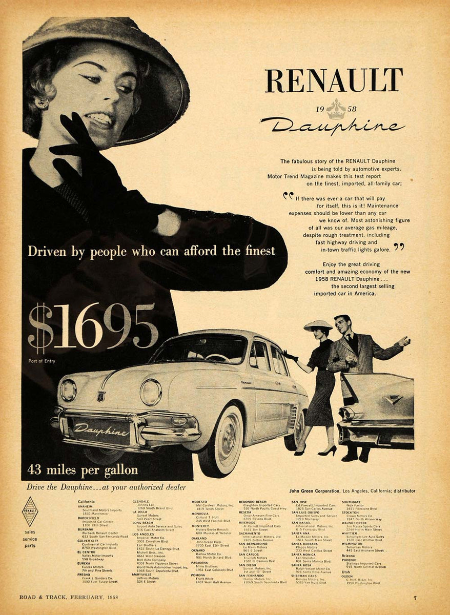 1958 Ad Renault Dauphine Vintage Car John Green Pricing - ORIGINAL