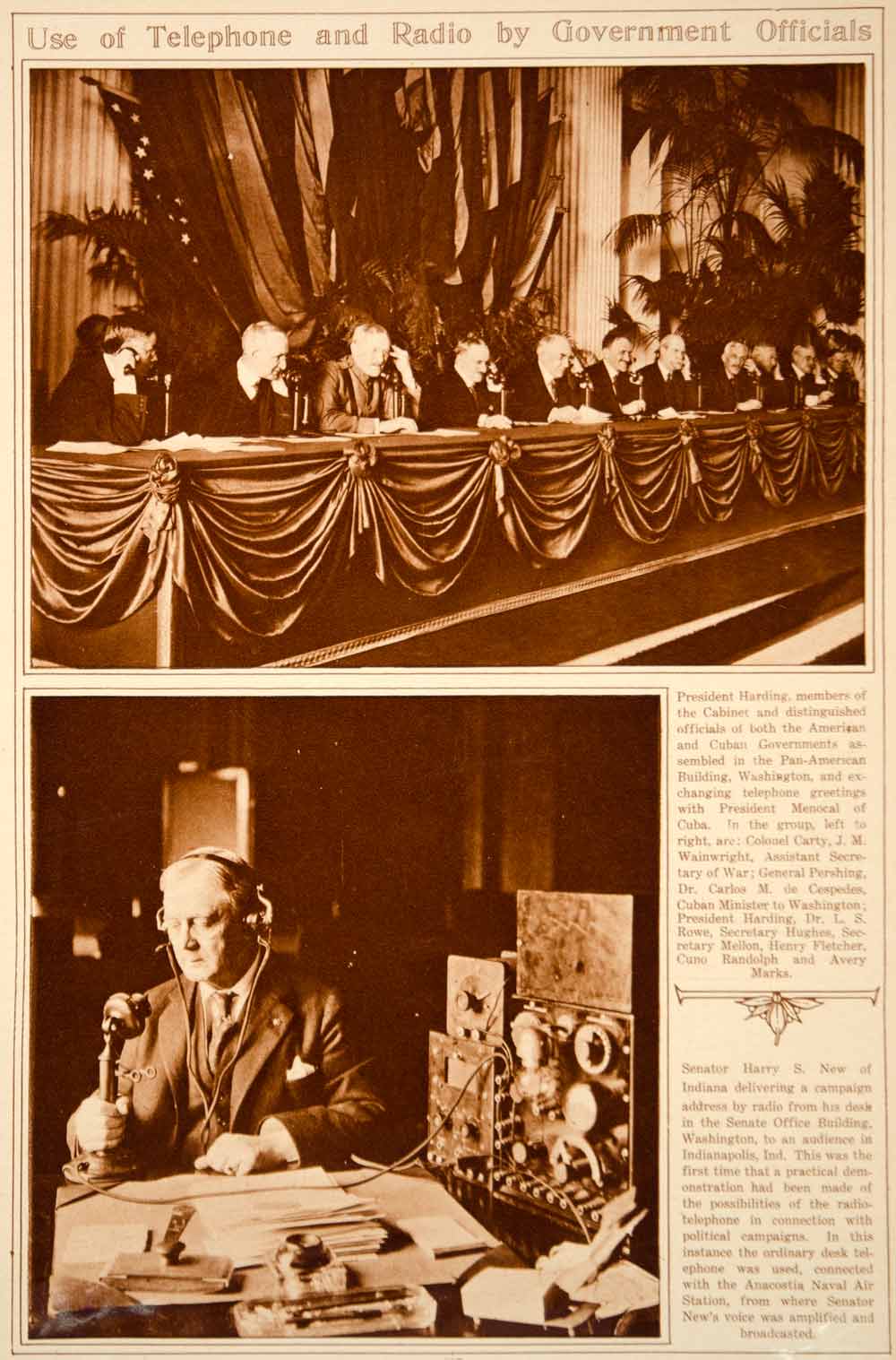 1923 Rotogravure Telephone Radio President Harding Senator Harry S. New Historic