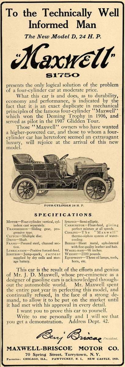 1907 Ad Model D Maxwell-Briscoe Antique Car Pricing - ORIGINAL ADVERTI