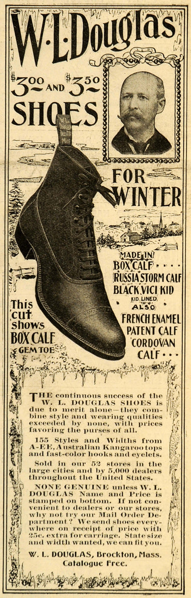 1898 Ad W L Douglas Winter Shoes Footwear Brockton - ORIGINAL