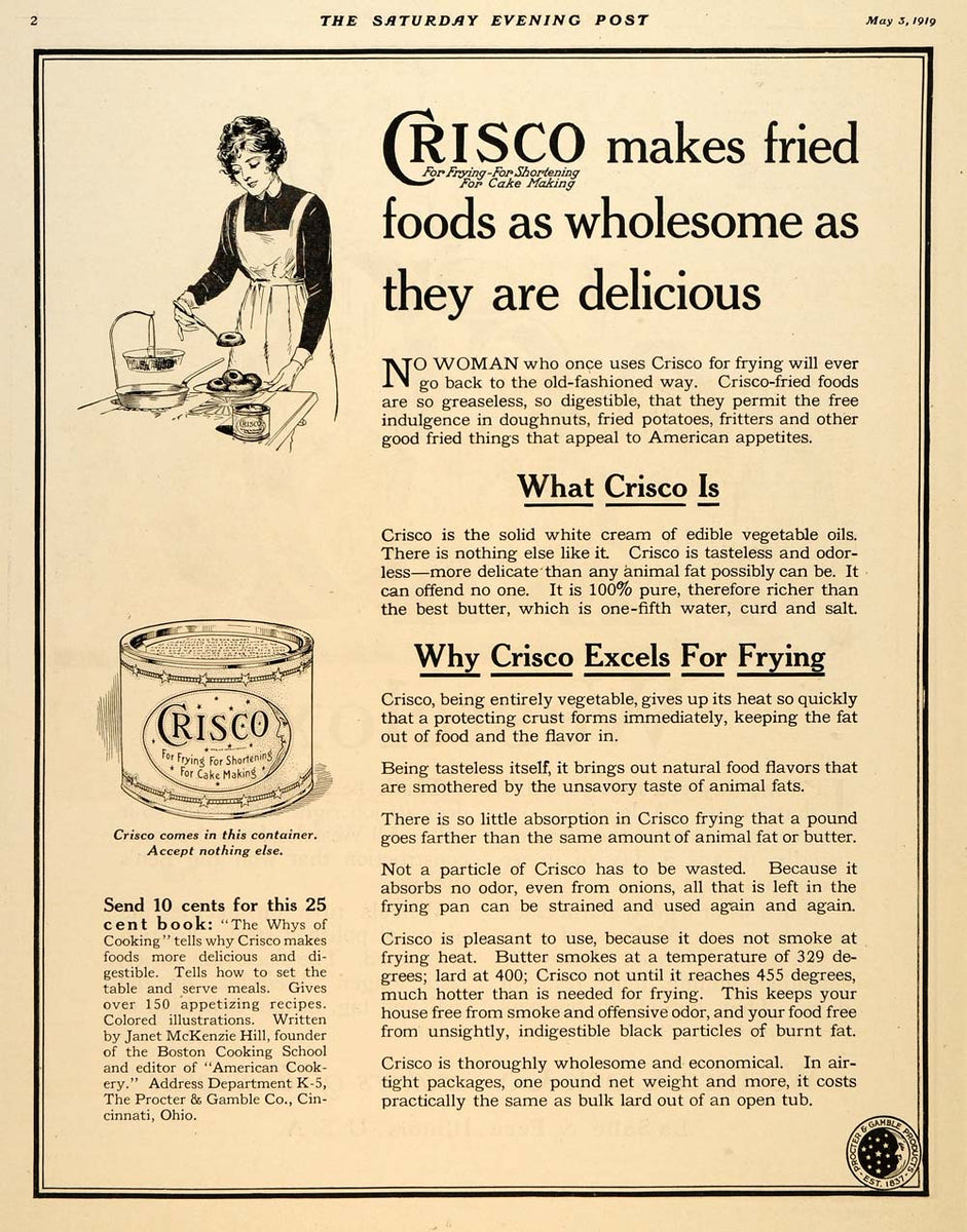 1919 Ad Crisco Woman Cooking Shortening Frying Lard ORIGINAL ADVERTI Period Paper Historic