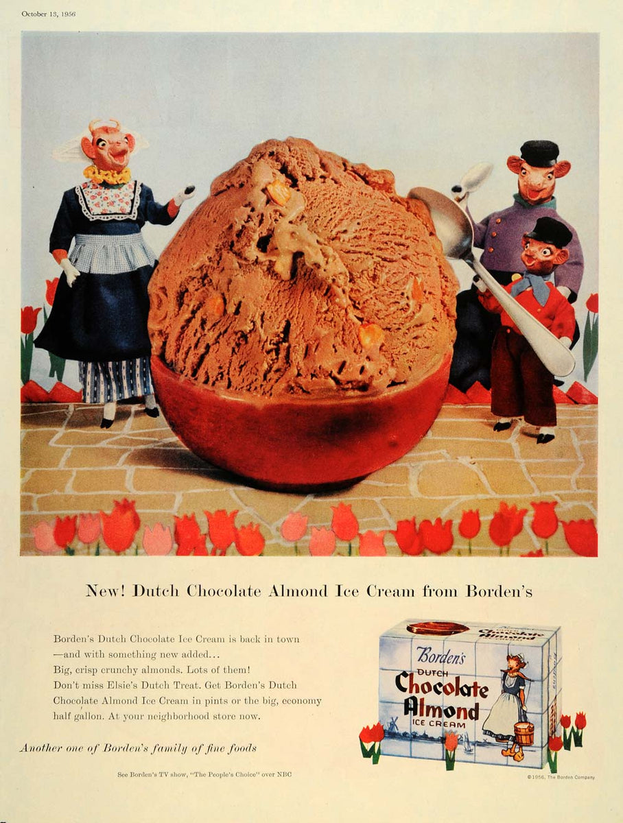1956 Ad Chocolate Almond Ice Cream Dutch Borden Cow - ORIGINAL