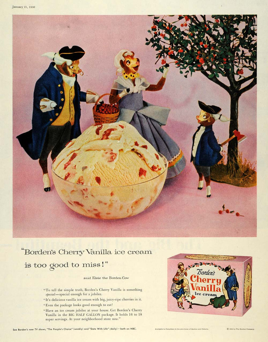 1956 Ad Elsie Borden Colonial Cow Family Cherry Vanilla Ice Cream