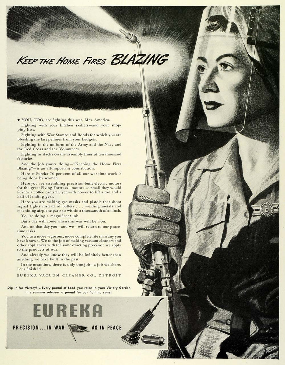 1943 Ad Eureka Vacuum Cleaner Co Homefront WWII Woman Worker Rosie the
